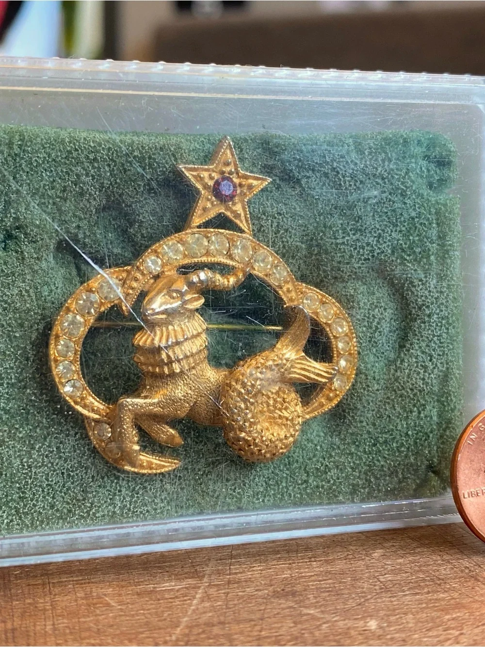 Gold-Tone Capricorn Zodiac St. Labre Brooch with Red Star Accent